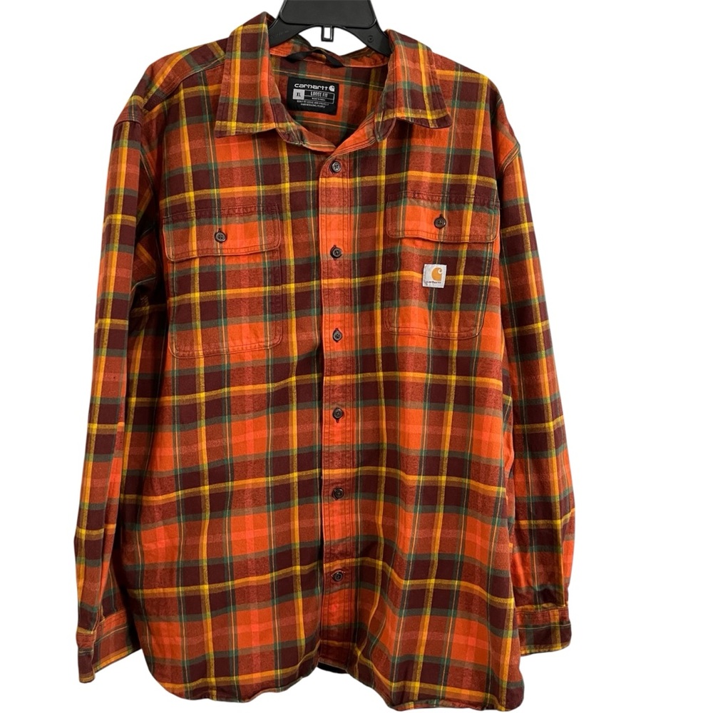 Carhartt Men's Large Loose Fit Heavyweight Flannel Orange Brown Plaid Utility